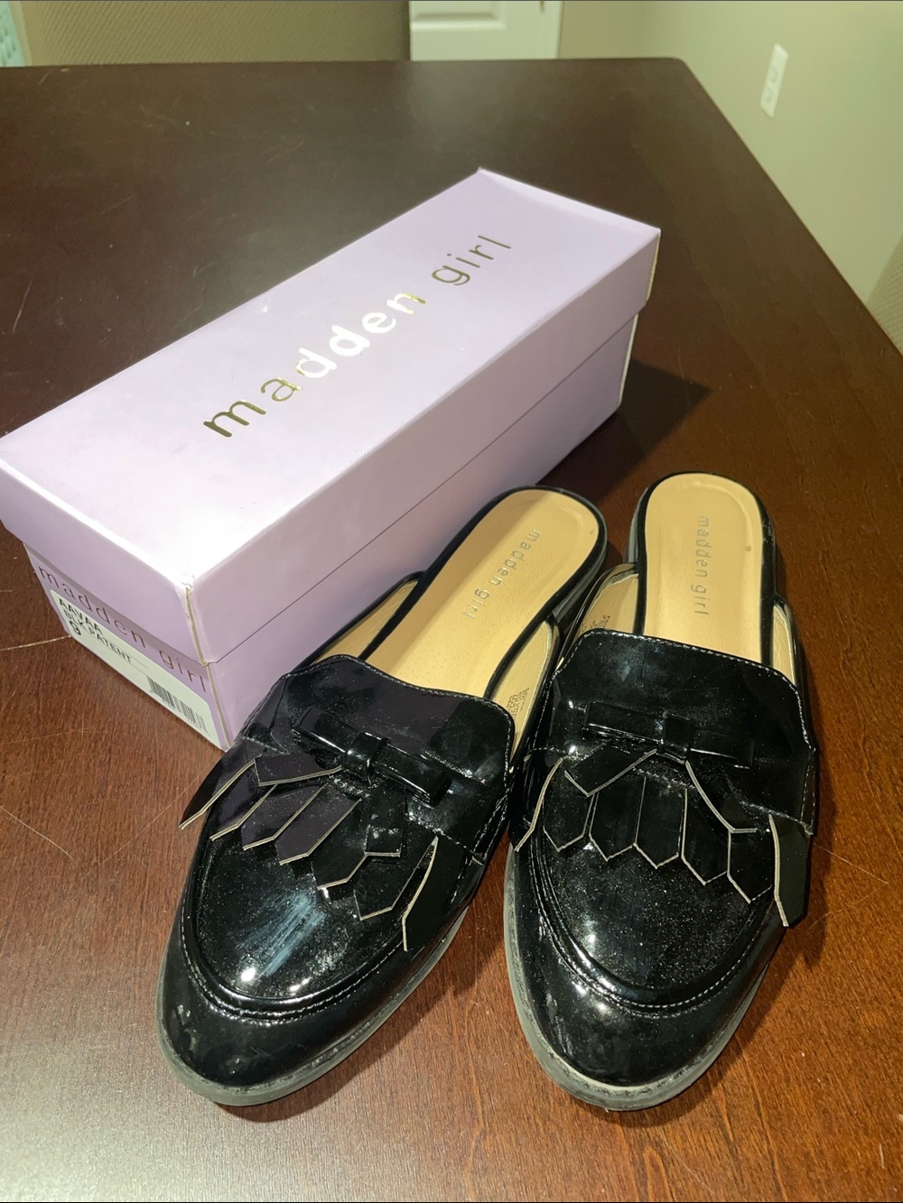 Madden Girl Black Patent Fringe Backless Loafers